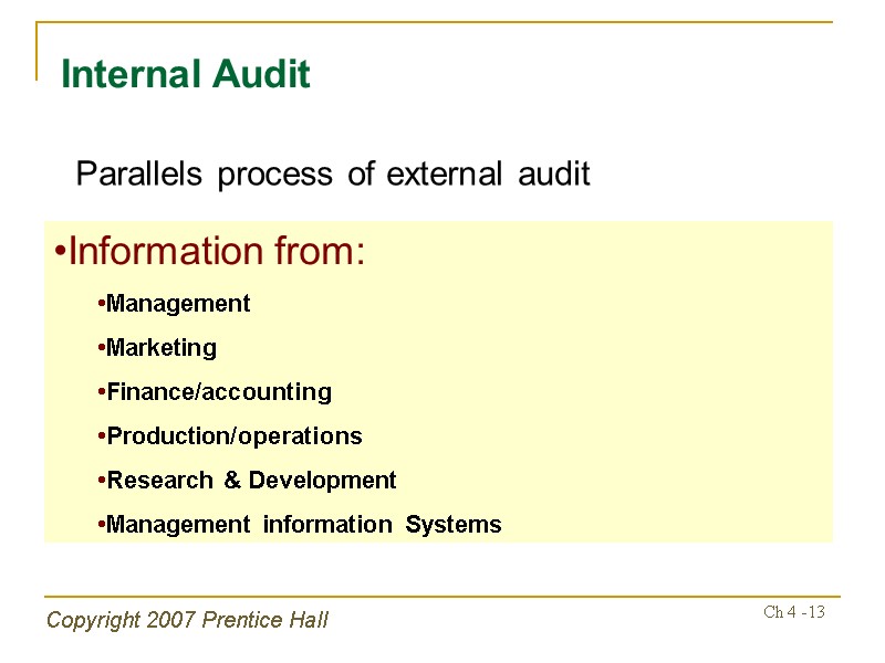 Copyright 2007 Prentice Hall Ch 4 -13 Internal Audit Information from: Management Marketing Finance/accounting